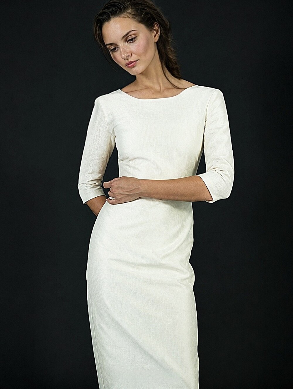 Minimalist White 100% linen 3/4 sleeve Fitted Sheath Dress Sz.XS